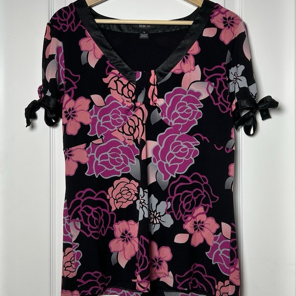 Style & Co. Tops - Style & Co. Black Magenta Rose Floral Satin Bow Cuff Blouse Romantic Style